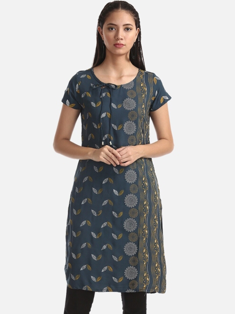 Karigari Women Teal Green Printed Straight Kurta