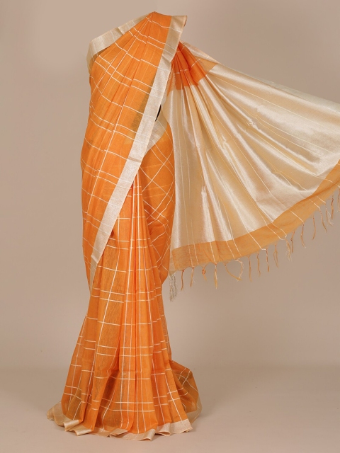 

Pothys Orange & Silver-Toned Pure Linen Checked Saree