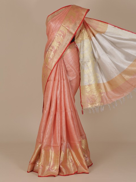 

Pothys Peach-Coloured & Gold-Toned Pure Linen Woven Design Saree