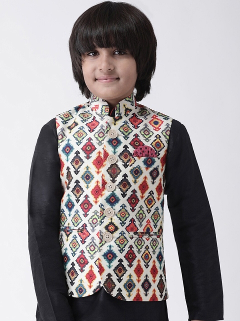 Hangup Boys White & Red Printed Woven Nehru Jacket