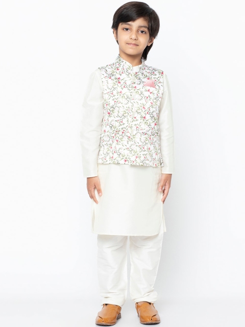 

KISAH Boys White & Pink Solid Kurta with Pyjamas & Nehru Jacket