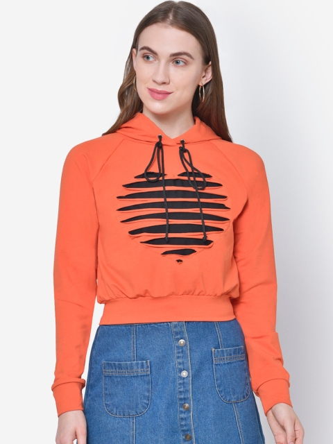 

Martini Women Orange & Black Self Design Hooded Sweatshirt