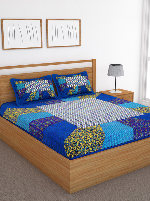 

Bedspun Blue & Yellow Printed 120 TC Cotton Double Queen Bedsheet with 2 Pillow Covers