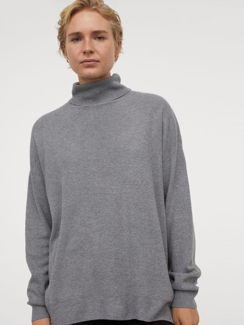 

H&M Women Grey Fine-Knit Polo-Neck Sustainable Jumper
