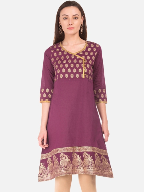 

Karigari Women Purple & Gold-Toned Printed A-Line Kurta