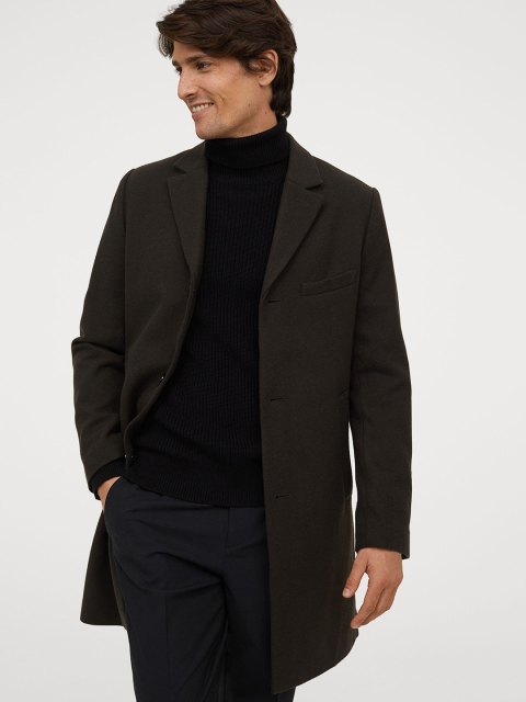 

H&M Men Olive Green Solid Wool-Blend Coat
