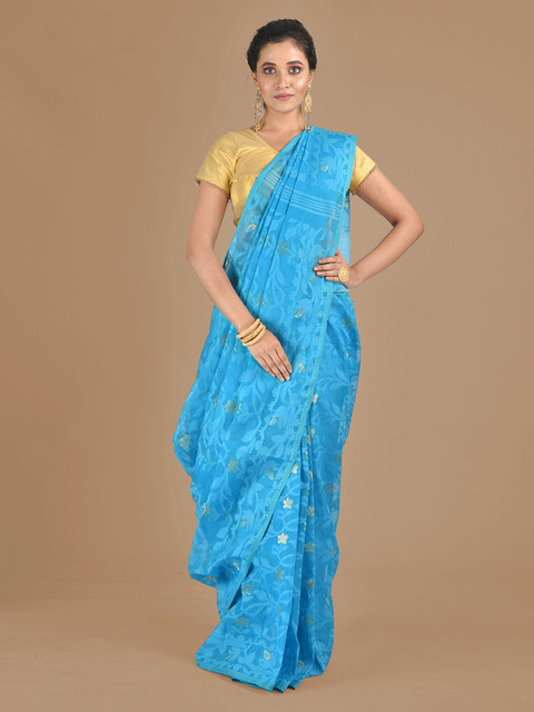 

Mitera Turquoise Blue Silk Cotton Woven Design Jamdani Saree