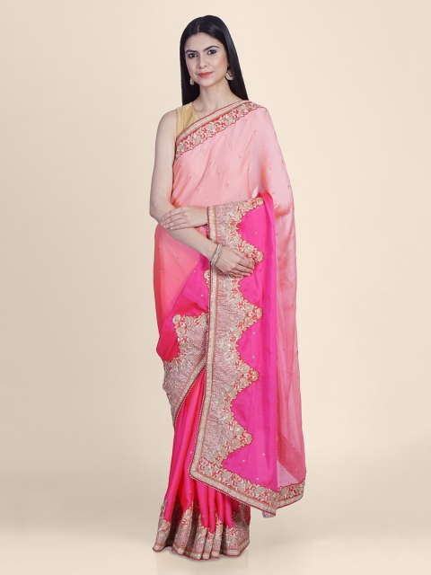 

Hastakala Pink & Gold-Toned Pure Georgette Embellished Saree