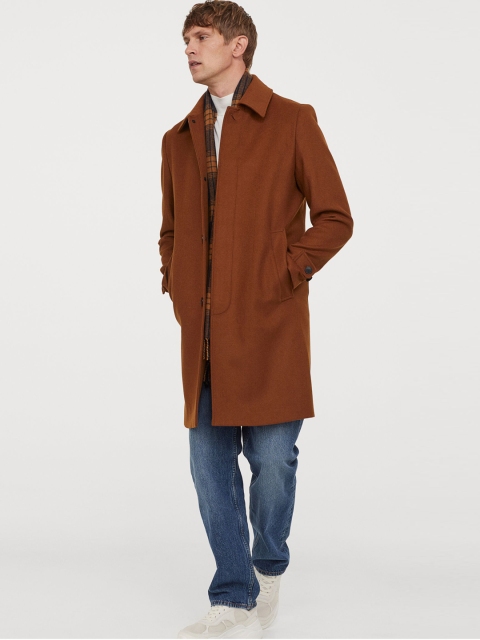H&M Men Brown Solid Wool-Blend Car Sustainable Coat