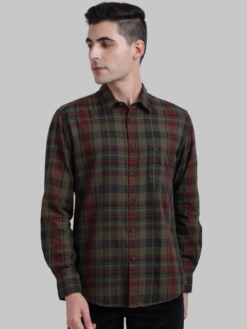 

Parx Men Olive Green & Maroon Regular Fit Checked Casual Shirt