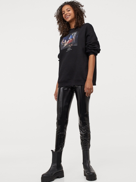 

H&M Women Black Solid Imitation Leather Leggings