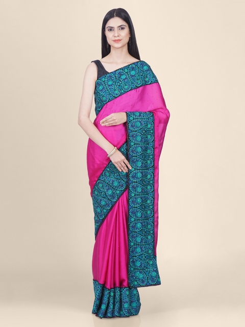 

Hastakala Pink & Navy Blue Handloom Poly Silk Solid Saree