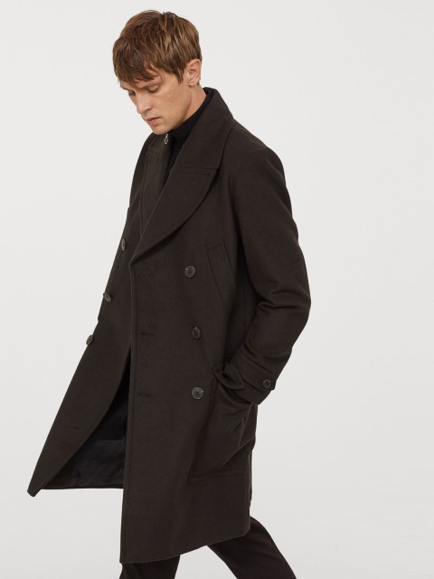 

H&M Men Green Solid Double-Breasted Wool-Mix Coat