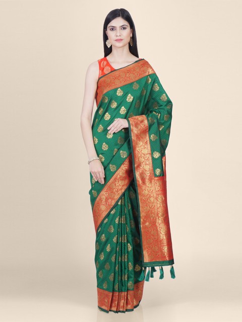 

Hastakala Green & Orange Silk Blend Woven Design Saree