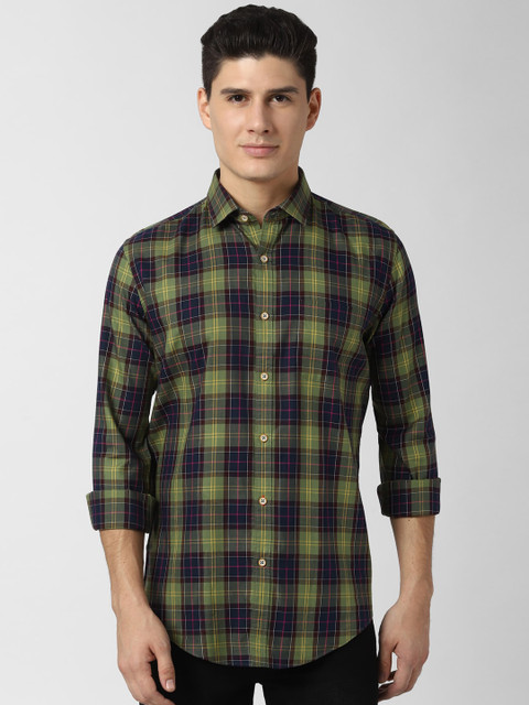 

Peter England Elite Men Green & Navy Blue Regular Fit Checked Casual Shirt