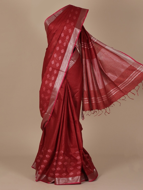 

Pothys Red & Silver-Toned Pure Linen Woven Design Saree