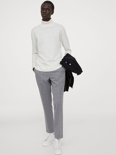 

H&M Men Grey Checked Slim Fit Cigarette Trousers