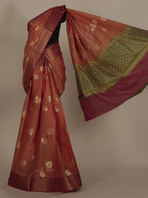 

Pothys Peach-Coloured & Green Jute Silk Woven Design Saree