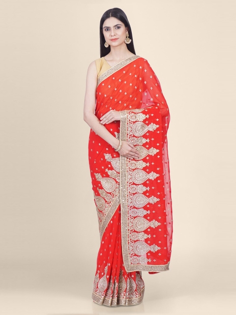 Hastakala Red & Gold-Toned Pure Georgette Embellished Saree