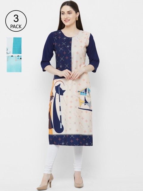 

7Threads Women Pack Of 3 Multicoloured Printed Straight Kurta, Navy blue