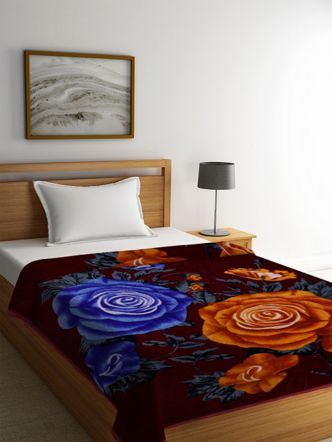 

NEUDIS Maroon & Blue Floral AC Room 500 GSM Single Bed Blanket