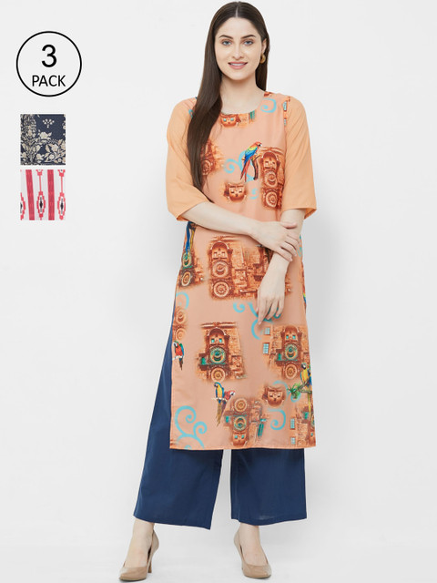 

7Threads Women Pack Of 3 Printed Straight Kurta, Orange