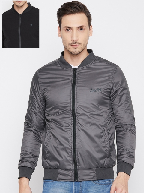 

Okane Men Black & Grey Solid Reversible Bomber Jacket
