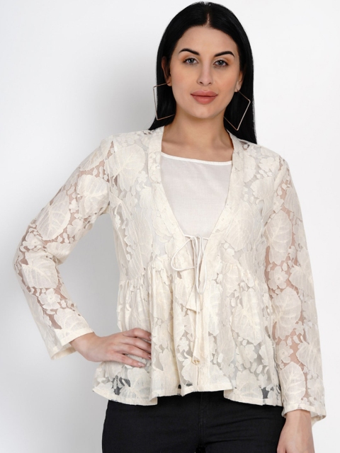

FABNEST Women Cream-Coloured Self Design Empire Pure Cotton Top