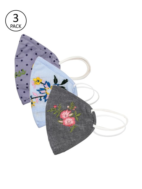 

EMAHO Women Pack Of 3 Embroidered 3-Ply Reusable Anti-Pollution Cotton Masks, Blue