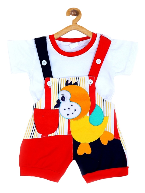 

ICABLE Kids White & Red Solid T-Shirt With Striped Dungaree