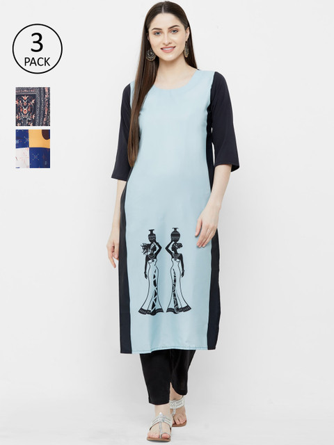 

7Threads Women Pack Of 3 Printed Straight Kurtas, Blue