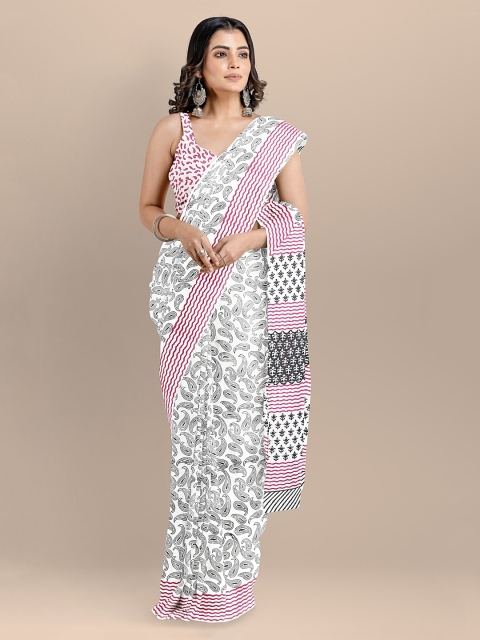 

BharatSthali White Printed Bagru Sustainable Saree