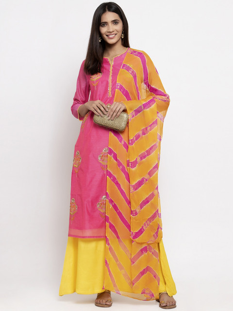 

Kiaasa Women Pink & Yellow Embroidered Chanderi Kurta with Palazzos & Dupatta