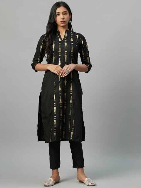 

ZIYAA Women Black Embroidered Straight Kurta