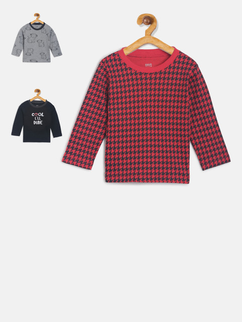 

MINI KLUB Boys Pack Of 3 Printed Round Neck Pure Cotton T-shirt, Navy blue