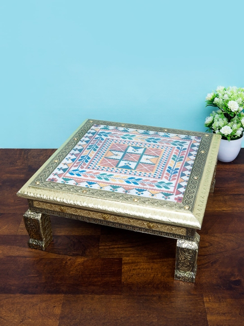 

Golden Peacock Gold-Toned & Blue Handcrafted Wooden Chowki