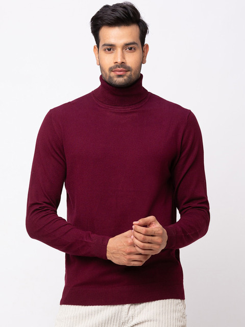 

mode de base Men Burgundy Solid Turtle Neck T-shirt