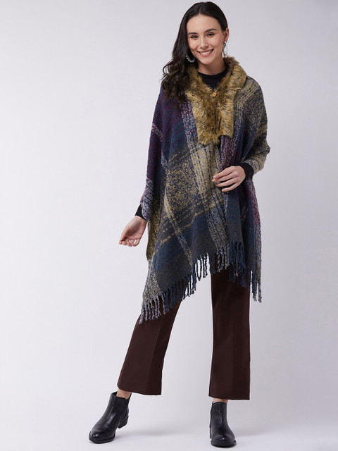 

InWeave Women Blue & Yellow Checked Fuzzy Poncho Sweater