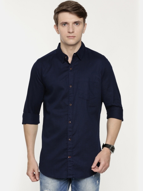 

William White Men Navy Blue Slim Fit Solid Cotton Casual Shirt