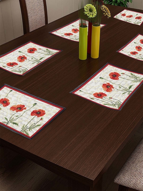 

KLOTTHE Set Of 6 White & Red Floral Printed & Woven Design Dining Table Placemats