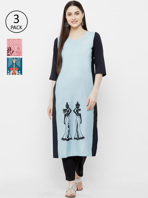 

7Threads Women Multicoloured Set of 3 Printed Straight Kurta, Multi