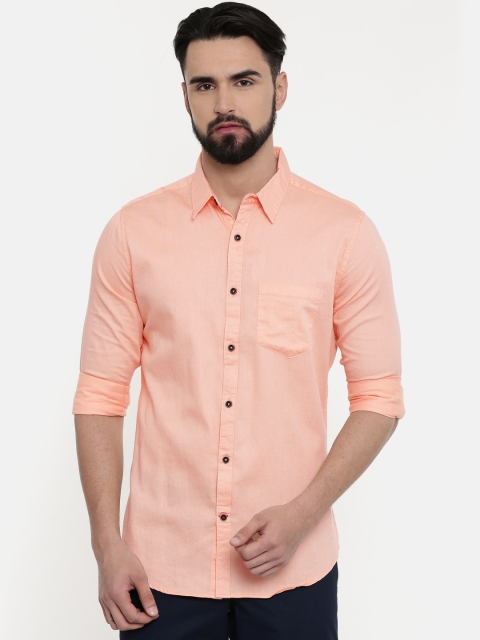 

William White Men Peach-Coloured Slim Fit Solid Casual Shirt