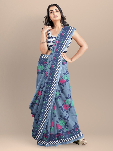 

BharatSthali Blue Pure Cotton Printed Handloom Bagru Sustainable Saree
