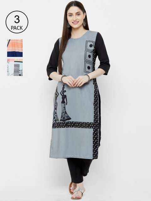 

7Threads Women Pack Of 3 Printed Straight Kurta, Navy blue