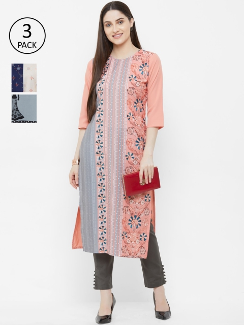 

7Threads Women Pack Of 3 Printed Straight Kurta, Peach