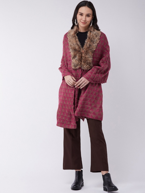 

InWeave Women Pink & Brown Self Design Poncho Sweater