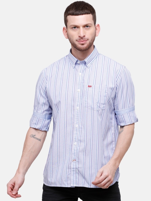 

Double Two Men Blue Slim Fit Striped Cotton Casual Shirt