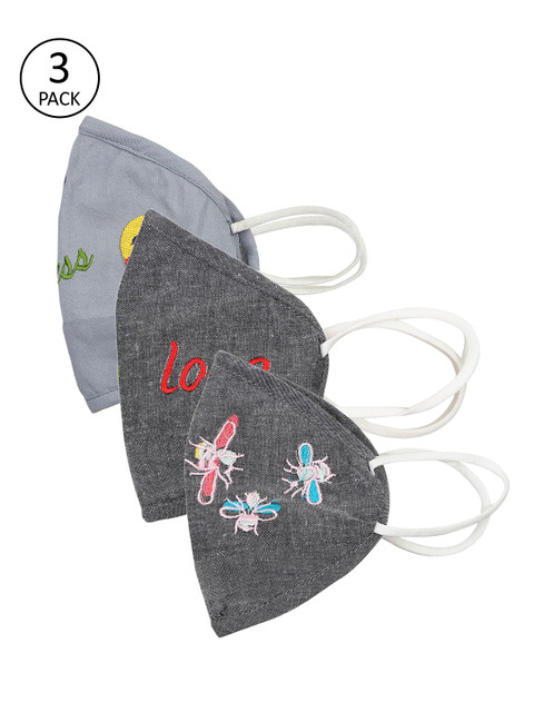 

EMAHO Women Pack of 3 Grey Embroidered 3-Ply Anti-Pollution Reusable Cloth Masks, Multi