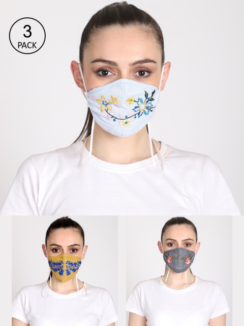 

EMAHO Women Pack Of 3 Printed Face Masks, Grey