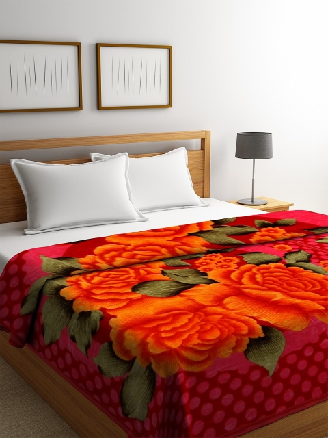 

NEUDIS Pink & Orange Floral Print Heavy Winter 800 GSM Double Bed Blanket